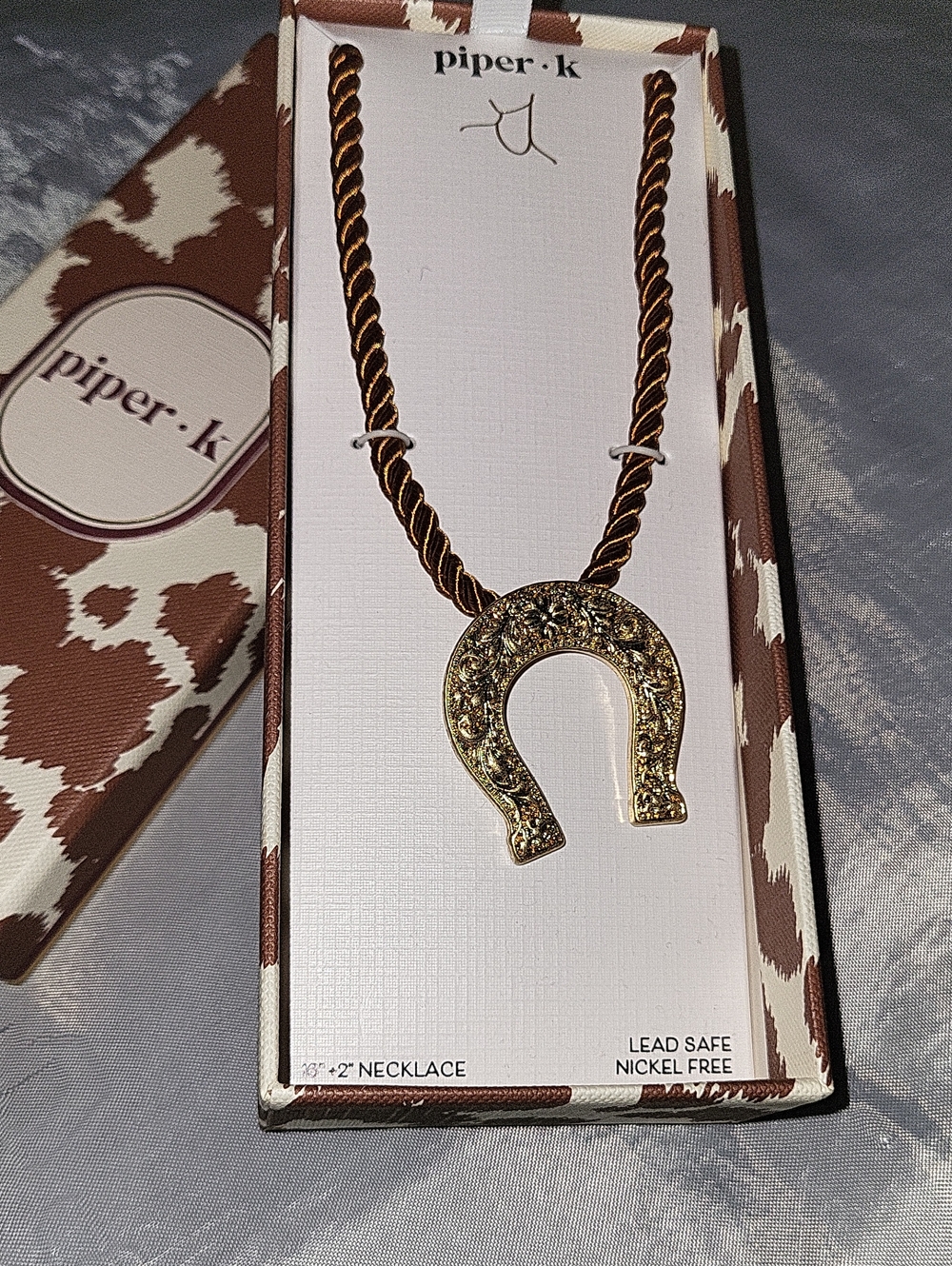 Piper K Gold-Tone Horseshoe Pendant on Brown Braided Cord BNIB